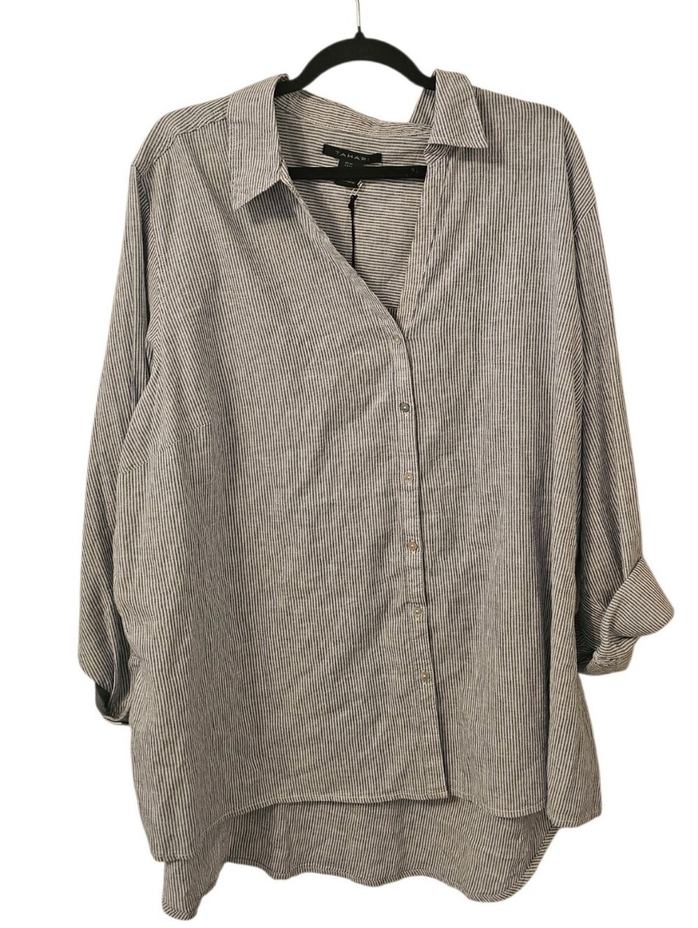 Blue and White Tahari Women's Button-Down Linen-Blend Top